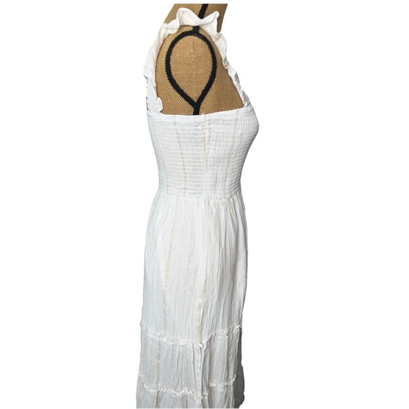 Ultra Flirt White Smocked Maxi Dress Gold Stripe Tiered Sundress Juniors M - Picture 11 of 15